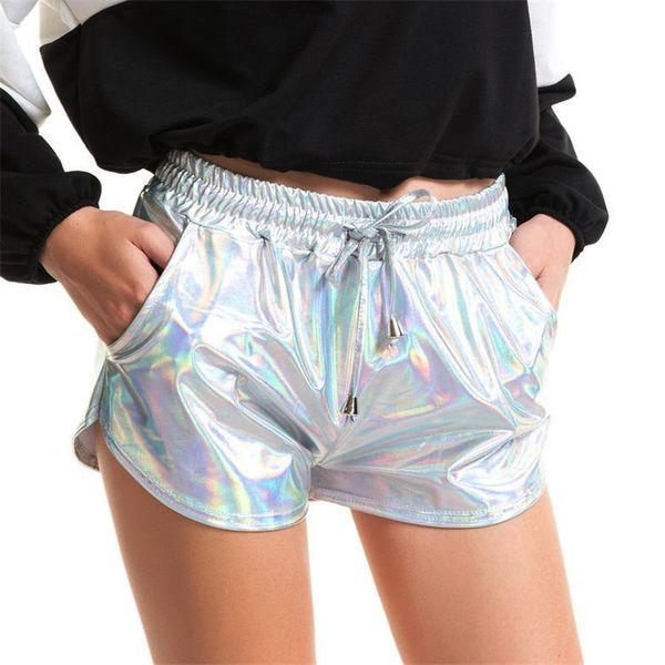 

women's shorts pu flashing metallic colors elastic waist drawstring short pants women running jogging gyms fitness sport, White;black