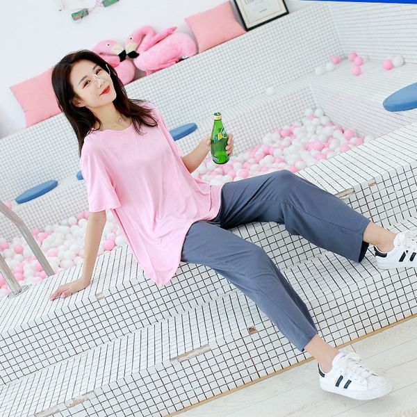 

short-sleeved trousers three-piece home and shorts trousers and shorts wear pajamas women's base modal, Blue;red