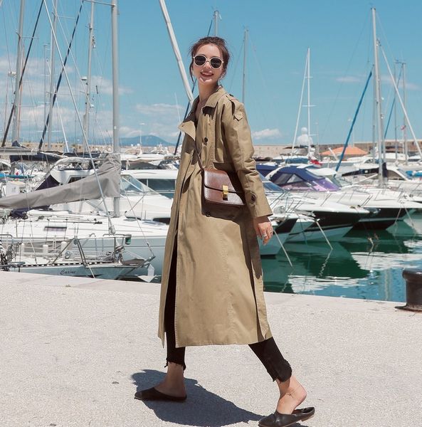 

kixxt 2020 new classic double-breasted mid-length trench windbreaker windbreaker coat women's korean style lace-up stand collar trench, Tan;black