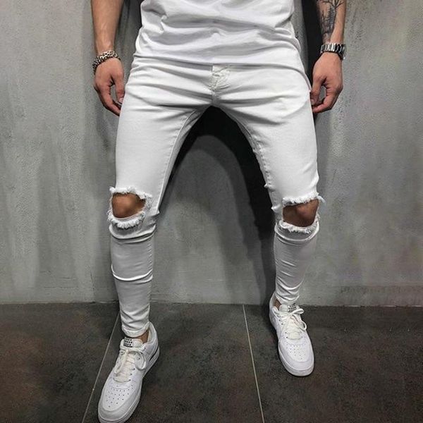 

2020 new fashion men's hole casual pencilpants mid pants men drawstring jogger pants solid leisure male sweatpants jogger, Black