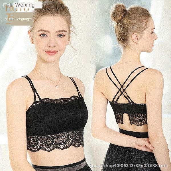 

gjlur breast-wrapped women's inner cushion vest lace camisole vestbelt anti-exposure back sling bra breast-wrapped women's inner, Black;white