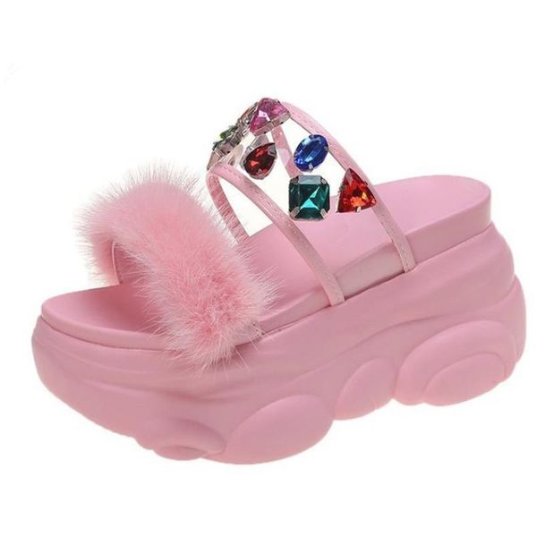 

yeddamavis summer new women sandals 9cm high heels shoes platform casual shoes woman diamond thick bottom beach filp flops, Black