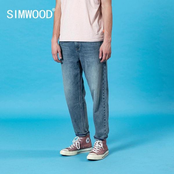 

simwood 2020 summer new laser wash loose tapered jeans men classical ankle-length casual denim trousers plus size cotton pants, Blue