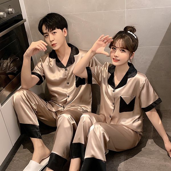 

boys and women ice silk thin imitation silk couple short-sleeved trousers home simulation pajamas trousers pajamas clothes suit, Blue;red