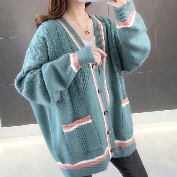 

cotton cardigan sweater women 2020 autumn winter v-neck warm clothes pull femme hiver streetwear casual loose knitted cardigan, Black;gray