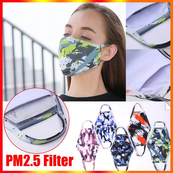 Máscara Facial Camuflada Impressões Camufladas Protetor Bucal Anti-Poeira PM2.5 Respirador Lavável Reutilizável Máscaras Protetoras de Seda Algodão para Adultos