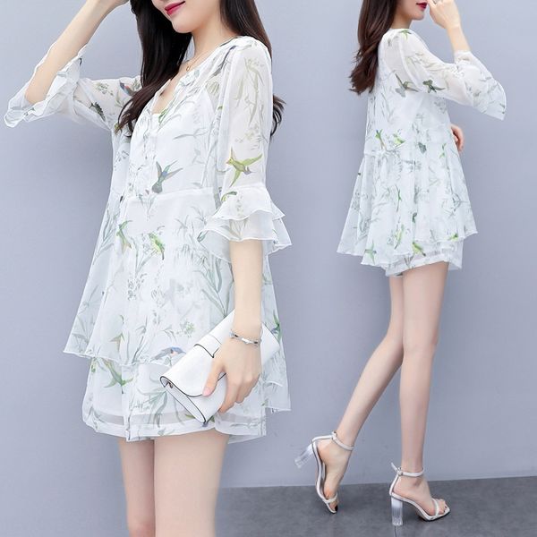

blls5 women's suit 2020 new summer chiffon printed short-sleeved loose slimming net red foreign style two-piece set shorts and short, Gray