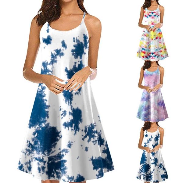 

38#women's tie-dye gradient sleeveless dresses adjustable strappy summer beach swing dress knee-length o neck elegant dress, Black;gray