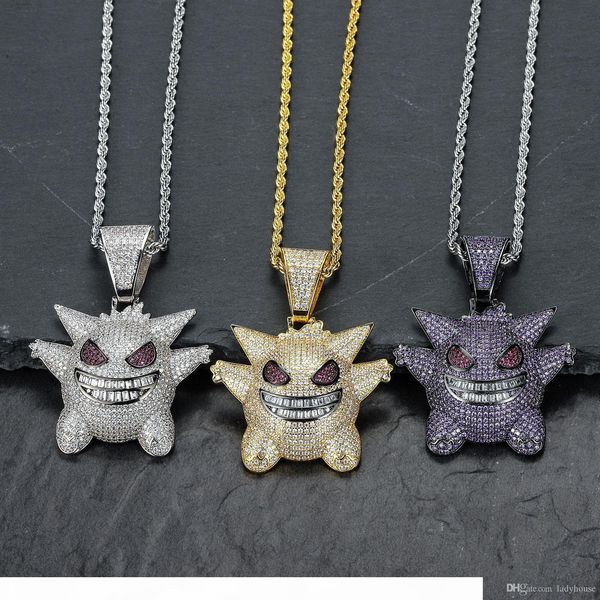

full rhinestone gengar iced out pendant necklace hip hop bling chains jewelry for men with twisted chain 2020 new fashion, Silver