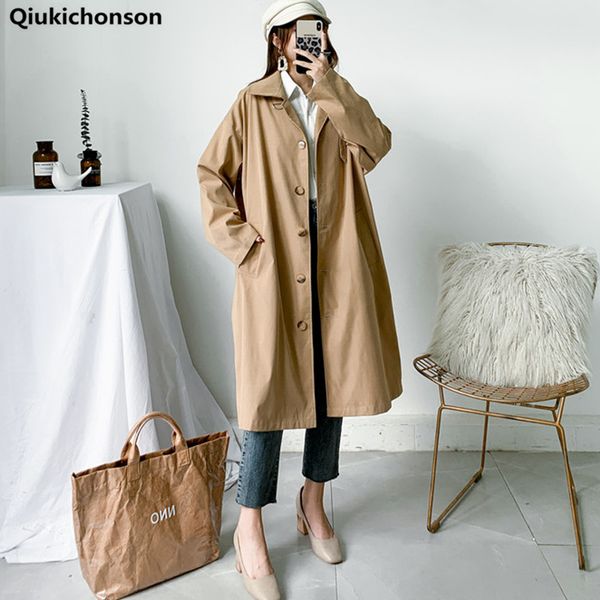 

qiukichonson 2020 korean style women autumn winter trench coat with pockets oversize england style vintage long coats overcoats, Tan;black