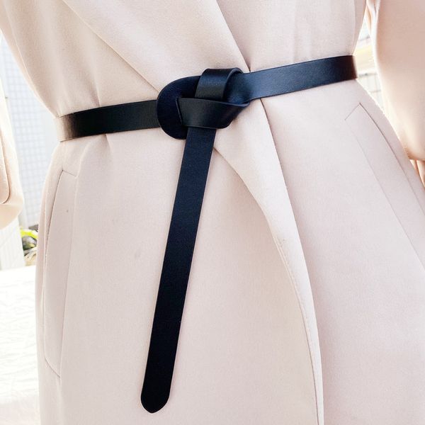 

women fashion knotted real leather solid belt thin long belts cowskin knot design dress accessories coat strap cowhide waistband, Black;brown