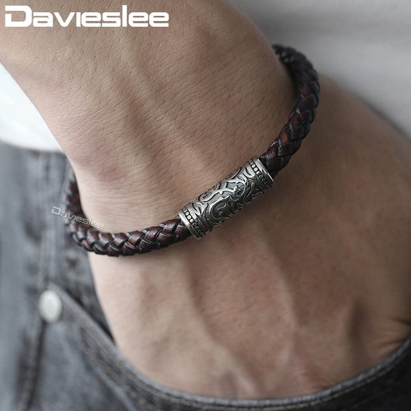 

davieslee mens genuine leather bracelets 2020 jewelry brown leather bracelet for men stainless steel magnetic clasps ldlb103, Black