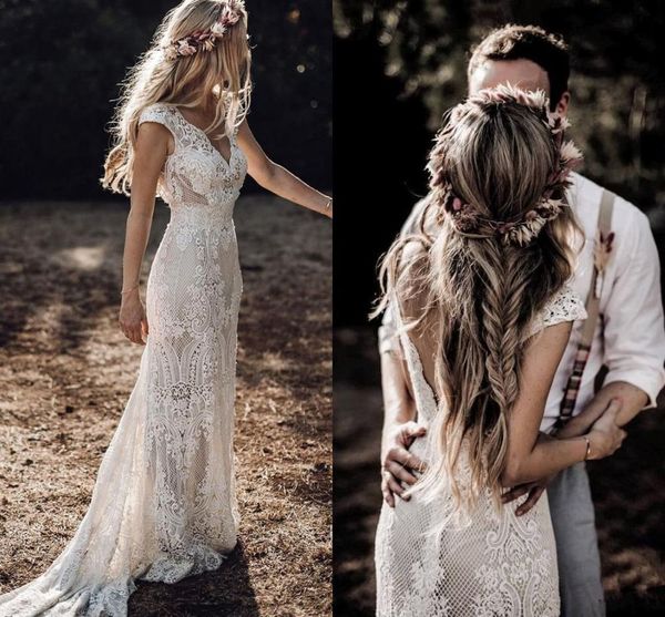 (Véu Grátis)Country Boho Renda Vestidos De Noiva Bainha Decote V Manga Boné 2020 Boêmio Vestidos De Noiva Sweep Train Sem Costas Robe De Mariee AL318