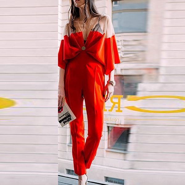 

2019 autumn trousers overalls new chest-wrapped plastering jumpsuit red pants overalls high waist casual stitching trousers, Black;white