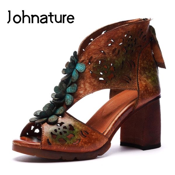 

johnature genuine leather 2020 new summer sandals casual high heels zipper floral retro national style shallow women shoes, Black