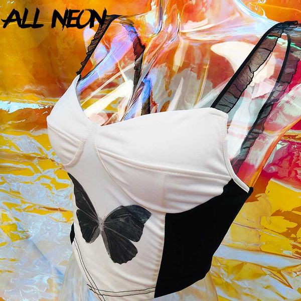 

allneon y2k fashion summer mesh spaghetti strap white crop e-girl patchwork butterfly graphic front backless camis club