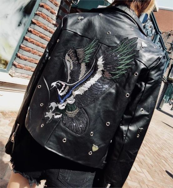 

autumn 2020 embroidery faux soft leather jacket women pu motorcycle coat female black punk zipper outerwear short jacket py71