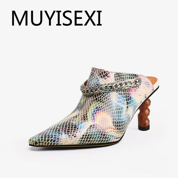 

mules women fashion genuine leather .5cm high heel mixed color slip on party office lady shoes slipper hl215 muyisexi, Black