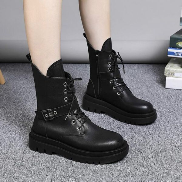 

gothic buckle boots woman punk lace-up winter shoes plush inside platform wedges comfortable chunky heels short boots, Black
