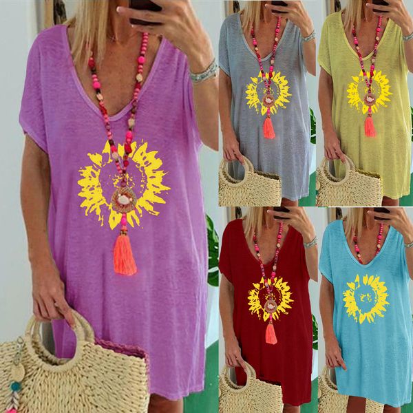 

summer 2020 new selling european and american large women's sunflower casual loose printed short sleeve t-shirt top, White