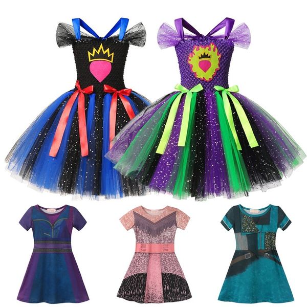 

girls descendants 3 mal evie knitted tutu dress up clothes maleficent uma audrey princess costume birthday pageant party fantasy t200709, Red;yellow