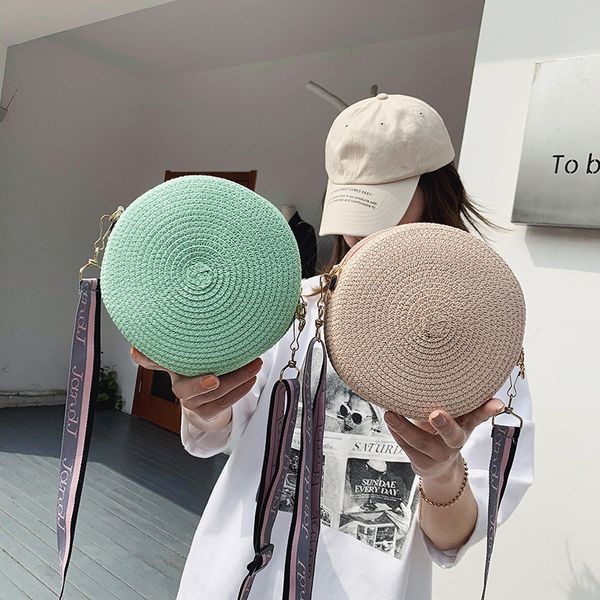 

casual round women straw bags wicker woven shoulder bags lady wide strap rattan crossbody bag female summer beach small purses