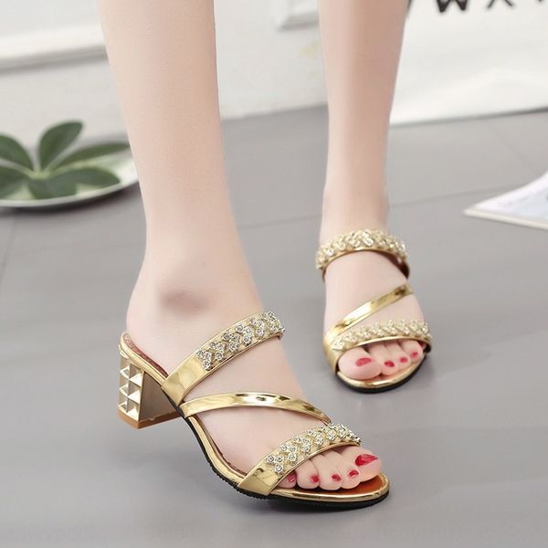 

j6qvi 2019 summer new one-line slippers thick heel rhinestone and slippers sandals large size women's mid heel sandals women's sho