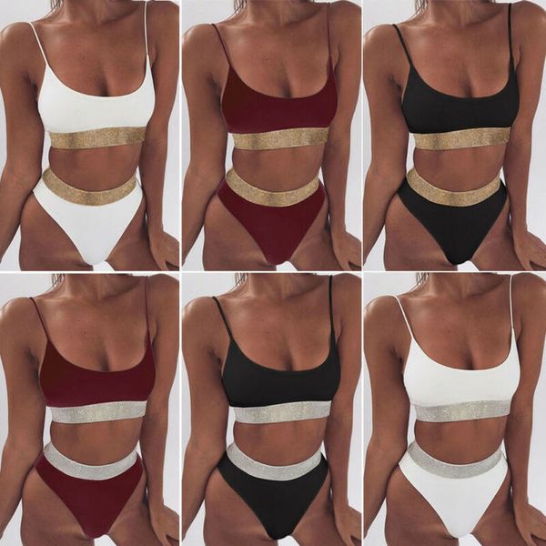 

woman bikini high waist bikini set lace up swimwear women bikini 2pc bandage swimsuit sequins ladies beachwear biuqini, White;black