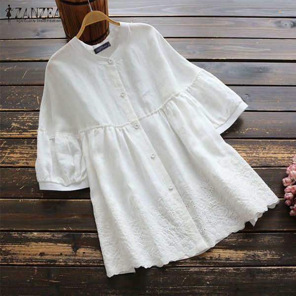 

vintage embroidery women summer 2020 zanzea casual half sleeve shirts femael hollow button blusas plus size tunic 5xl, White