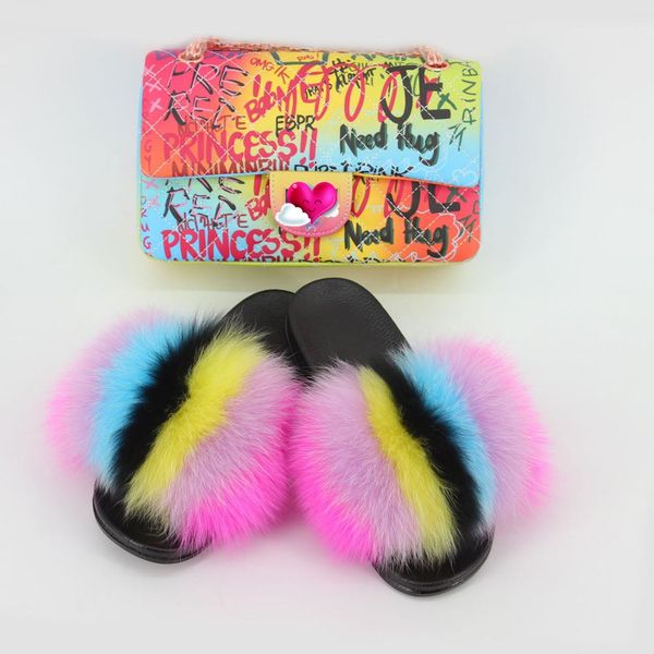 

womens home slippers fluffy fox fur shoes furry sandals fox fur shoes and bags colorful jelly wallet flip flops set travel shoes, Black