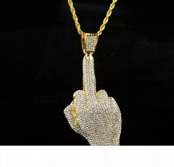 

statement necklace mens 18k gold iced out erect middle finger hands pendant hiphop bling necklace men gift, Silver