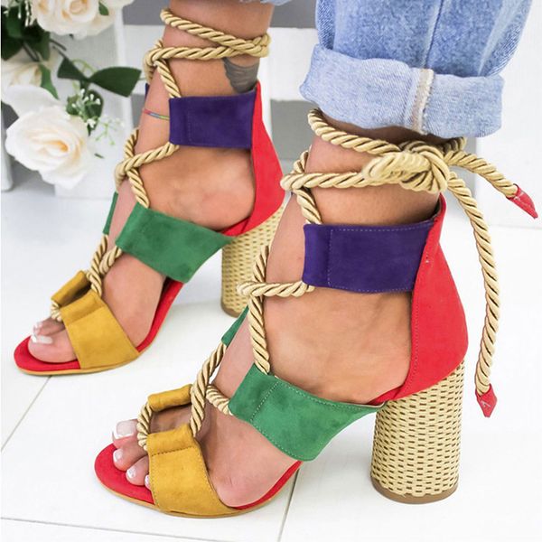

women pumps lace up high heels women gladiator sandals for party wedding shoes woman summer sandals thick heels chaussures femme, Black