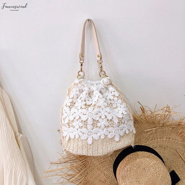 

women handbag summer beach flower straw bucket bag burlap flap linen bags leaf decoration shoulder bags with lace t