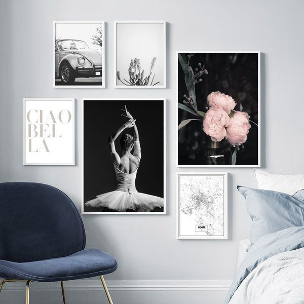 

black white ballet girl vintage car peony wall art canvas painting nordic posters and prints wall pictures for living room decor