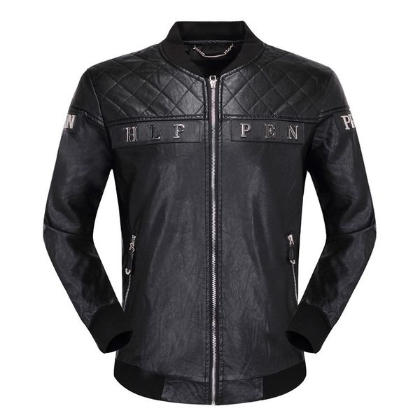 

2020 new men's designer fashion motorcycle leather jackets men's skull brand pp v-neck rivet beads pu leather slim rock motorcycle, Black