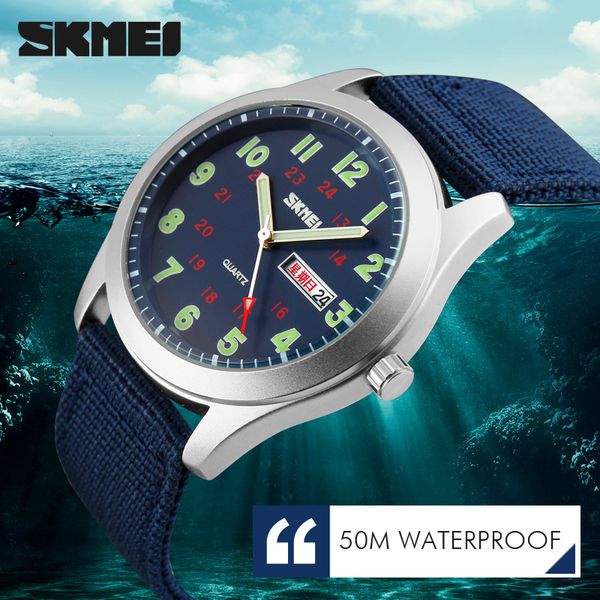 

wristwatches skmei brand men's watches waterproof nylon strap analog display date week men quartz watch casual wristwatch, Slivery;brown