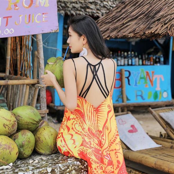 

backless summer seaside holiday dress ankle-length beach dresses women print o-neck sleeveless spagheetti strap loose dress, White