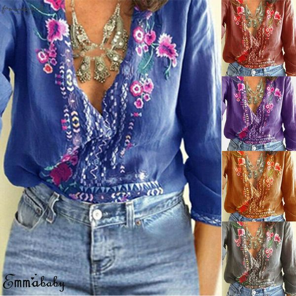 

new women ladies fashion casual summer blouse baggy regular floral printed v neck blouse party clubwear, White
