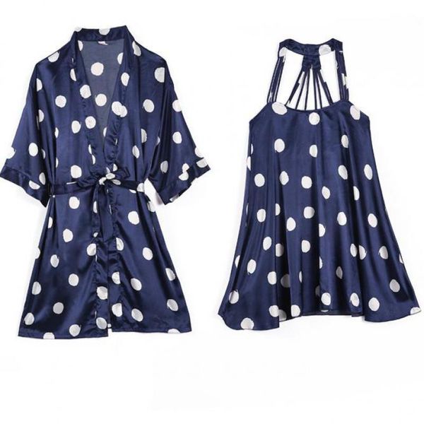 

women satin robe set summer polka dot 2pcs sleepwear silky nighty&robe set female kimono gown casual sleep home clothing, Black;red