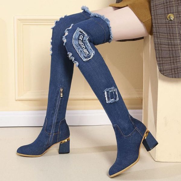 

2020 new arrival autumn over the knee elegant denim thigh high boots women high heels date shoes woman, Black
