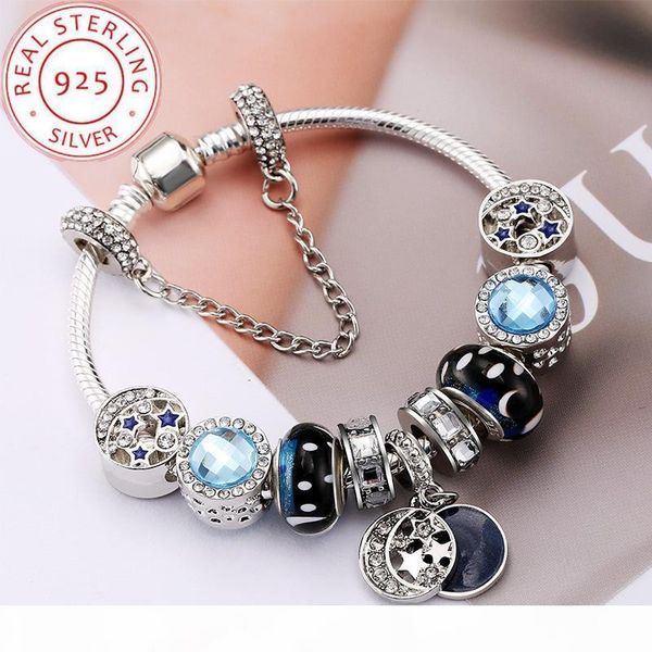 

blue star new crystal diy beaded bracelet for women snap jewelry girls charm 925 silver bead cross bracelets charms pandora with gift box, Golden;silver