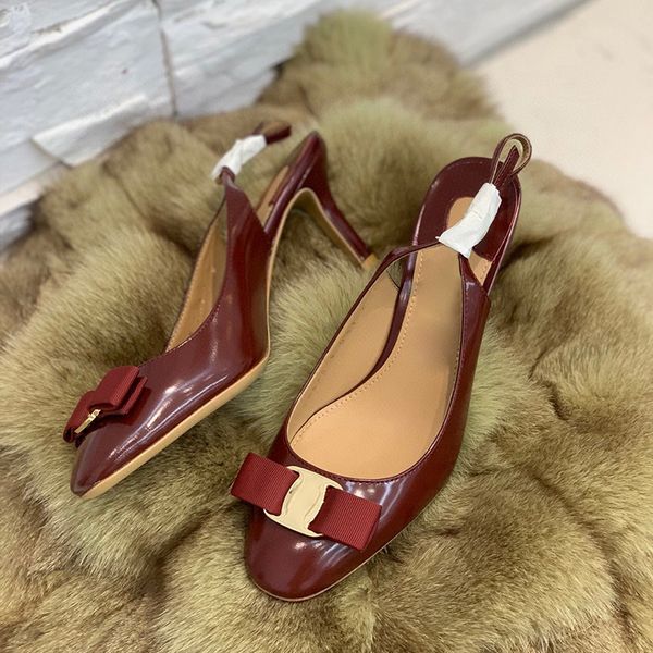 

designer womens sandals luxury black apricot red bow-knot coat of paint round head high heels with box size 35-40