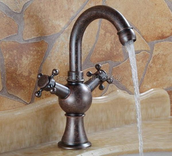 

new antique copper bathroom basin faucet dual cross handle kitchen sink mixer tap swivel spout wnn012
