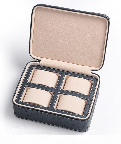 

4 slots pu watch box ostrich skin pattern brand watch storage case black jewelry gift box new package travel w034, Black;blue