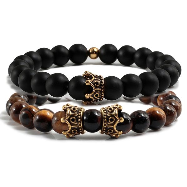 

2pcs/set couple charm tiger eyes stone beads crown men women bracelets bangles sets prayer yoga friend trendy jewelry gifts, Black