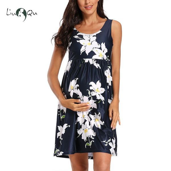

sleeveless tank floral maternity dress womens clothing pregnancy summer a line knee length casual dresses baby shower, White
