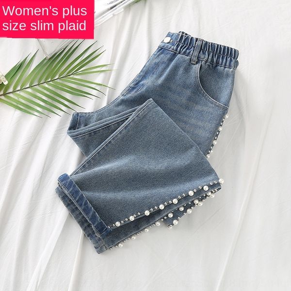 

manxian plaid large size women's clothing 200kg fat mm summer clothing plus trousers and trousers size side beaded denim capri pants, Blue