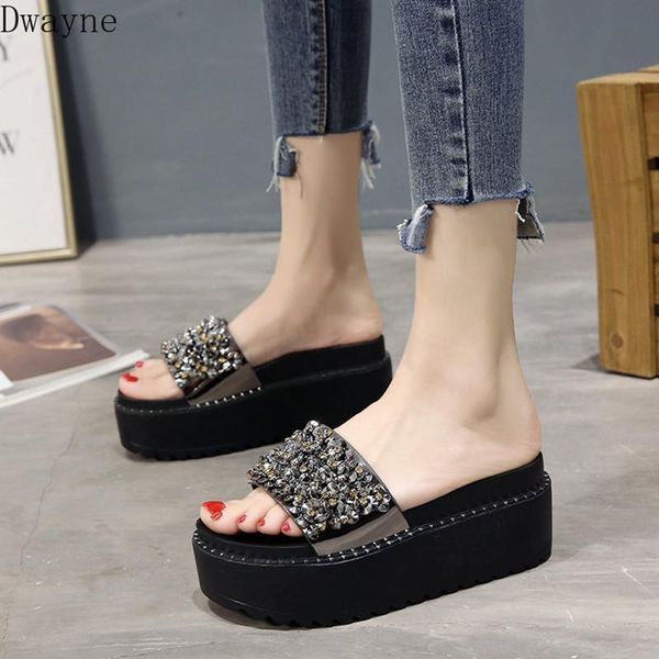 

one word drag female summer 2020 new korean fashion beaded increase sandals and slippers, Black