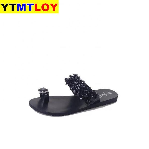 

женщина сандалии случайные плоские тапочки мода кристалл женщина вьетнамки женские сандалии лето пляж обувь размер 35-42, Black