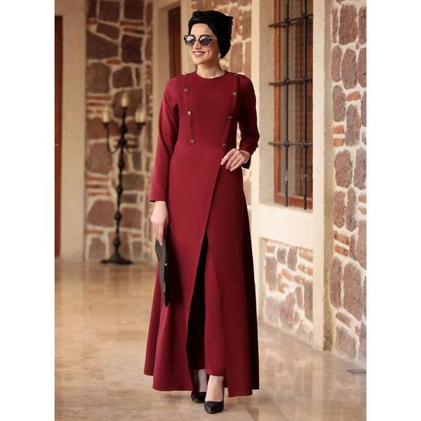 

women solid maxi robe solid pants two pieces suit set plus size long sleeve dubai ramadan eid muslim abaya kaftan robe vksu1040, Red